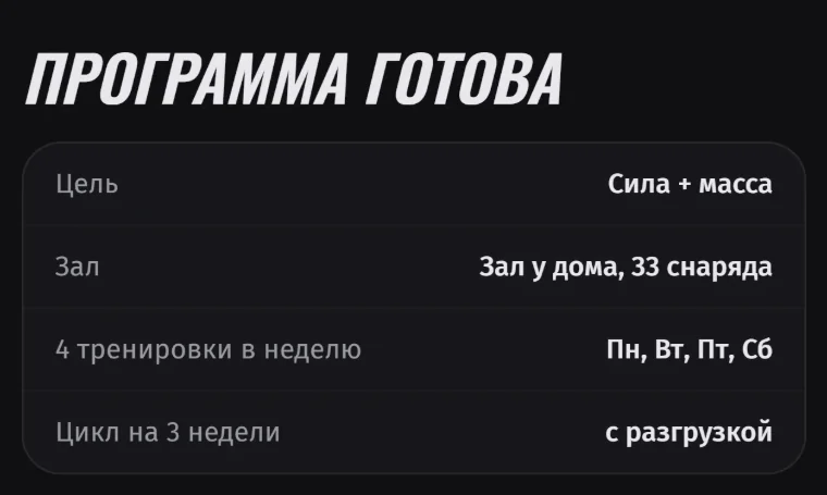 Экран «Программа готова»: цель — сила и масса, зал у дома на 33 снаряда, 4 тренировки в неделю, цикл на 3 недели с разгрузкой